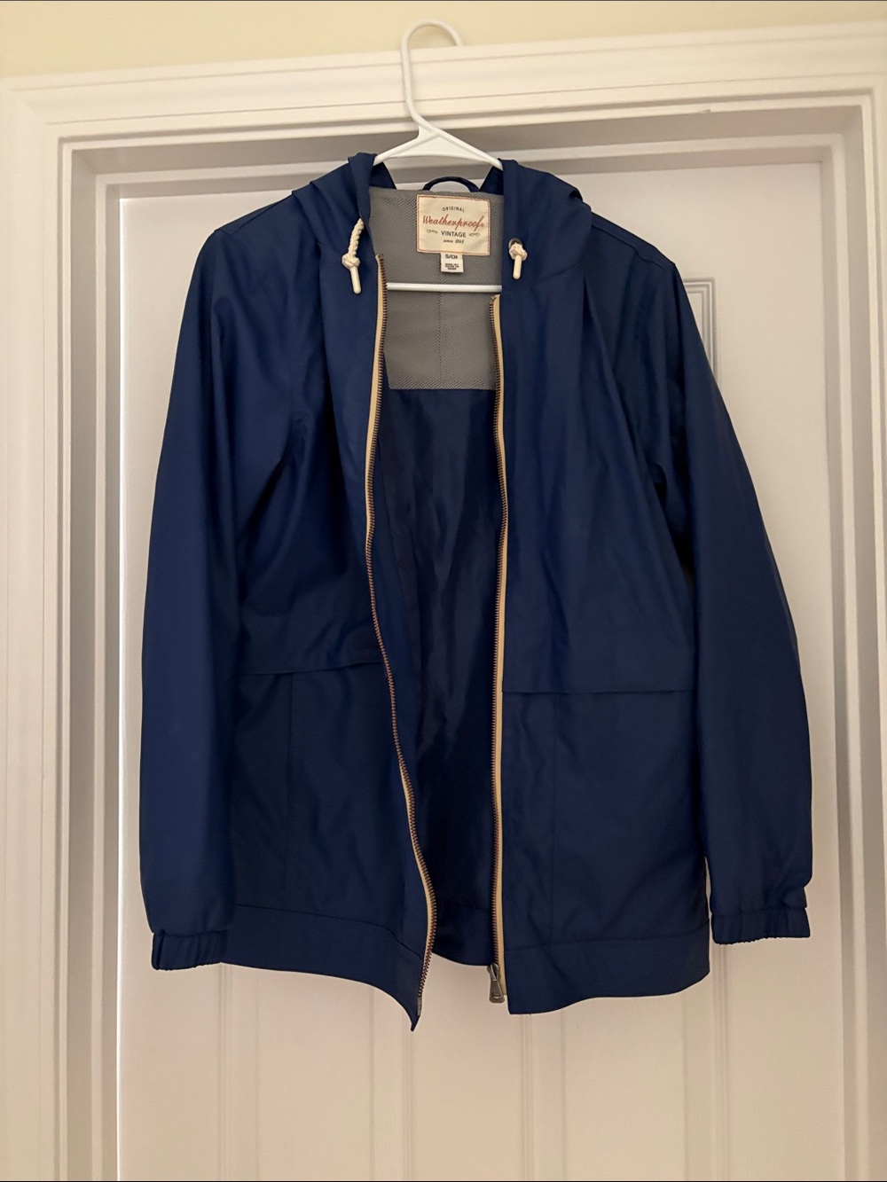 Weatherproof Navy Blue Hooded Jacket with Cream Trim